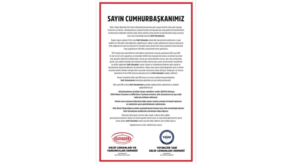 Sn. Cumhurbaşkanımıza Hitaben Hazırlanmış İlanımız (Sabah Gazetesi)